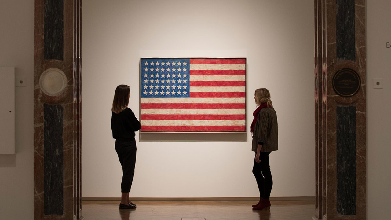 Installation image of Jasper Johns: ‘Something Resembling Truth’, showing 'Flag', 1958