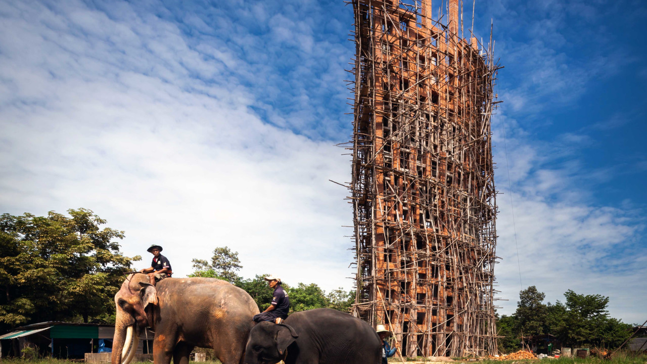 An observation tower under construction at Elephant World, Surin, Thailand, designed by Boonserm Premthada