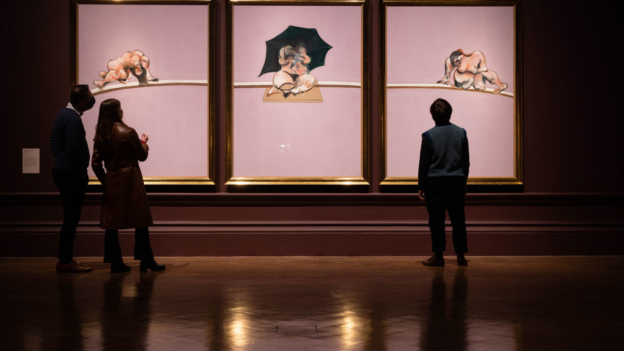 Installation view of the ‘Francis Bacon: Man and Beast’ exhibition at the Royal Academy of Arts, London (29 January – 17 April 2022) showing Francis Bacon, Three Studies of the Human Body, 1970