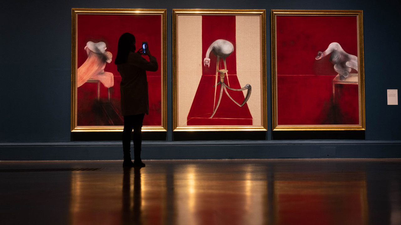 Installation view of the ‘Francis Bacon: Man and Beast’ exhibition at the Royal Academy of Arts, London (29 January – 17 April 2022) showing Francis Bacon, Second Version of Triptych 1944, 1988. Tate