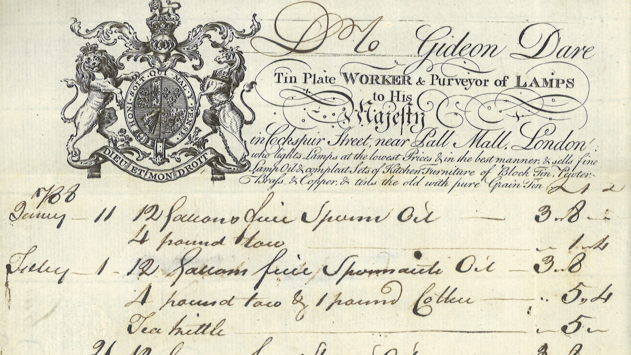 Invoice from Gideon Dare, Purveyor of Lamps, to the Royal Academy for 48 gallons of sperm whale oil to be used for oil lamps. Dated 8 April 1788.