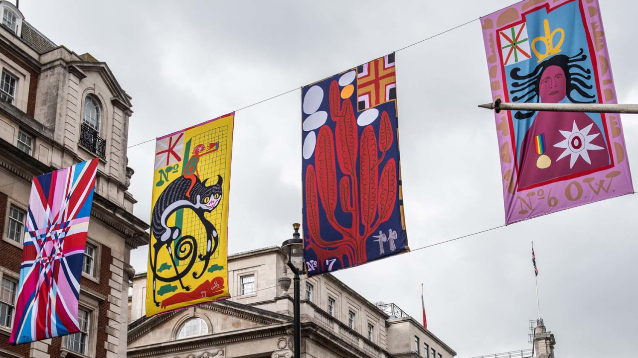 Flags designed by Grayson Perry RA on Piccadilly