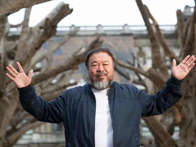 Ai Weiwei presenting his installation Tree in the courtyard at the Royal Academy of Arts, 2015