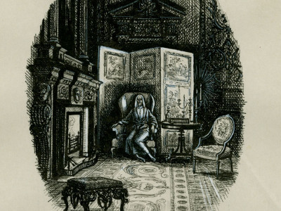 Charles Stewart, Illustration for Uncle Silas, 'At the far end of a handsome wainscoted room, sat a singular looking old man'