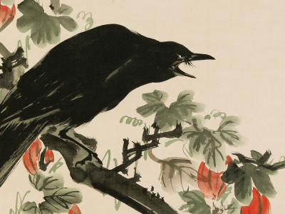 Kawanabe Kyōsai, Two Crows with ‘Crow Gourd’ (karasu–uri) (detail)