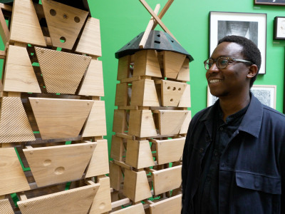 Jonah Luswata with 'Moonlight Towers' the Summer Exhibition 2023 at the Royal Academy of Arts, London, 13 June – 20 August 2023