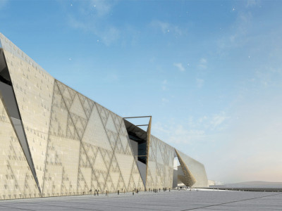 An architectural rendering of of the Grand Egyptian Museum, by Heneghan Peng Architects