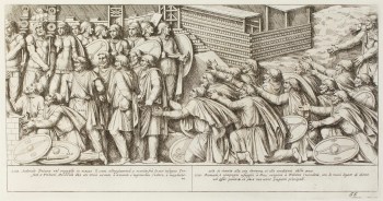Pietro Santi Bartoli, Plate 55: Decebalus and the Dacians kneeling before Emperor Trajan askign for clemence
