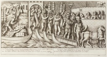 Pietro Santi Bartoli, Plate 34: Emperor Trajan leading the army ouside the camp to fight 