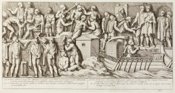 Pietro Santi Bartoli, Plate 33: Emperor Trajan distributing the congiary; Dacian women torturing Roman prisoners with torches, allies of the Romans bringing provisions