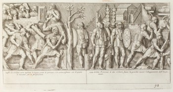Pietro Santi Bartoli, Plate 98: Roman soldiers cutting trees and transporting trunks while Pretorian soldiers guarding the buildings 