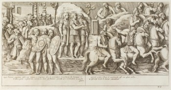 Pietro Santi Bartoli, Plate 43: Emperor Trajan accompanied by two captains and a allied cavalry