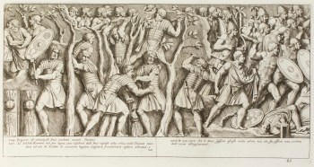 Pietro Santi Bartoli, Plate 49: Dacians ambushing Roman soldiers while cutting trees in the forests