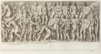 Pietro Santi Bartoli, Plate 91: a Dacian kneeling before emperor Trajan at centre