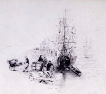 Sir John Everett Millais Bt. PRA, A ship in harbour with passengers on the dock