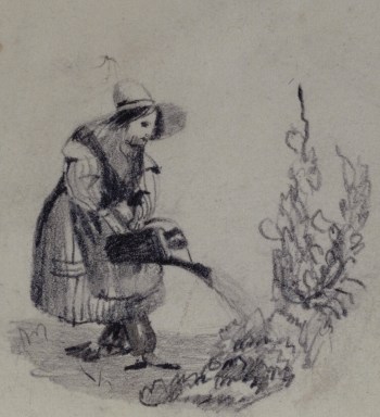 Sir John Everett Millais Bt. PRA, A woman watering plants in a garden