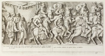 Pietro Santi Bartoli, Plate 66: Roman sacerdotes following a Roman cavalry 