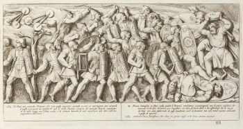 Pietro Santi Bartoli, Plate 88:  Dacian soldiers stop the pace of Trajan&#39;s troops coming to the rescue