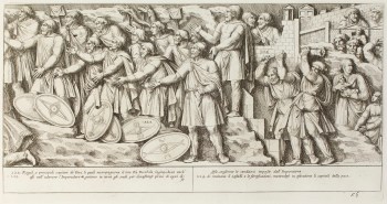 Pietro Santi Bartoli, Plate 56: Dacian officials kneeling before Emperor Trajan while castles and fortifications are demolished