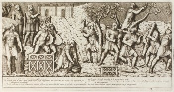 Pietro Santi Bartoli, Plate 11:  Emperor Trajan sending explorers and soldiers cutting trees