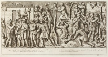 Pietro Santi Bartoli, Plate 36: Emperor Trajan receiving the Dacian ambassadors, Roman soldiers building fortifications