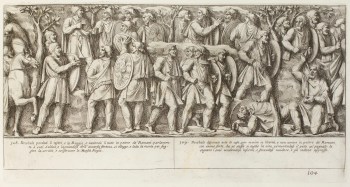 Pietro Santi Bartoli, Plate 104: Decebalus addressing the Dacians; and Decebalus stabbing himself to death