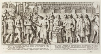 Pietro Santi Bartoli, Plate 74: Emperor Trajan followed by veterans; and Trajan performing a sacrifice