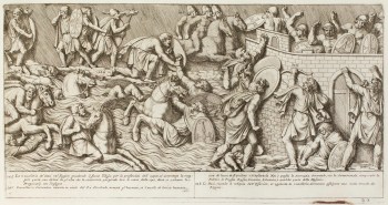 Pietro Santi Bartoli, Plate 22: Dacians being caught in a swollen river, the Sarmatian cavalry attacking a Roman fortress