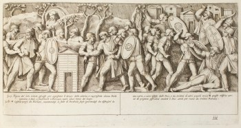 Pietro Santi Bartoli, Plate 111: Roman soldiers imprisoning some Dacian soldiers