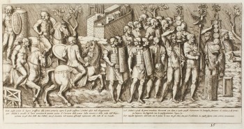 Pietro Santi Bartoli, Plate 15: A group of Roman soldiers on horseback crossing a wooden bridge, and Roman soldiers in armour