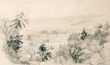 Sir John Everett Millais Bt. PRA, Watercolour landscape with view of a town