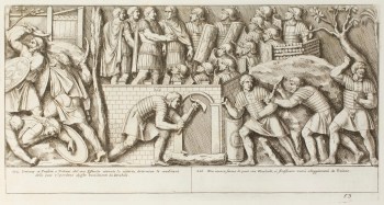 Pietro Santi Bartoli, Plate 53: Emperor Trajan determining the conditions for a peace treatise with the Decebalus