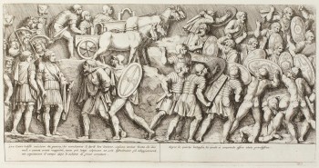 Pietro Santi Bartoli, Plate 30: Roman soldiers preparing for the fourth battle with the Dacians / engraved  plate from Colonna Traiana by Pietro Santi Bartoli, published by Giacomo de Rossi (Rome, 1672)