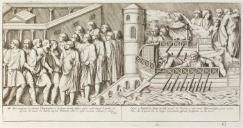Pietro Santi Bartoli, Plate 61: a group of Romans greeting the Emperor Trajan