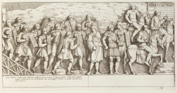 Pietro Santi Bartoli, Plate 76: Emperor Trajan and Hadrian leading the Roman army 