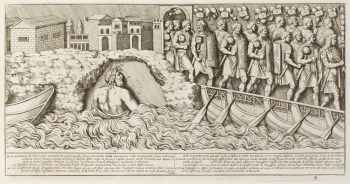 Pietro Santi Bartoli, Plate 4: the statue of river Danube and the army crossing the river on a bridge made of boats