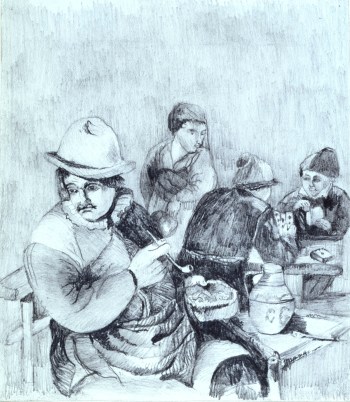 Sir John Everett Millais Bt. PRA, Drawing of a tavern scene with card players, probably after a Dutch painting