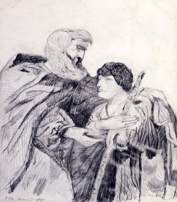 , Half length drawing of a bearded man with a child