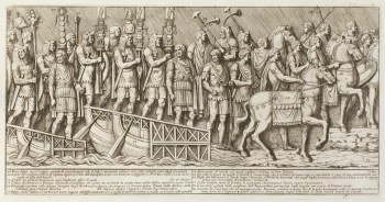 Pietro Santi Bartoli, Plate 5: Roman soldiers marching carrying war trophies, led by soldiers on horseback