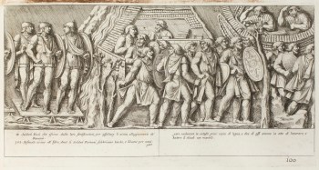 Pietro Santi Bartoli, Plate 100: Dacians leaving their fortifications in order to attack the Romans 