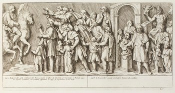 Pietro Santi Bartoli, Plate 67: Iazyges greeting Emperor Trajan; and Trajan performing a sacrifice