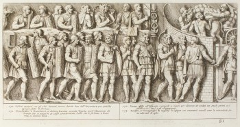 Pietro Santi Bartoli, Plate 81: Veteran soldiers and Romans with musical instruments 