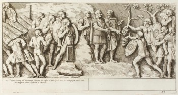 Pietro Santi Bartoli, Plate 51: Roman soldiers bringing two heads of Dacian prisoners before emperor Trajan