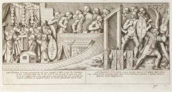 Pietro Santi Bartoli, Plate 97: Roman soldiers listening to Emperor Trajan&#39;s speech 