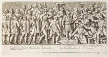 Pietro Santi Bartoli, Plate 95: a group of Dacians at right kneeling and asking for Trajan&#39;s clemence 