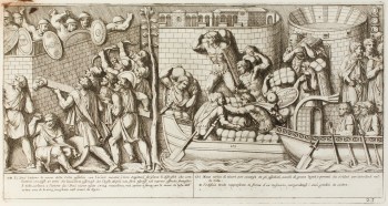 Pietro Santi Bartoli, Plate 23: Dacians besieging Roman a fortress and Romans bringing provisions