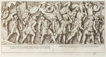 Pietro Santi Bartoli, Plate 86: Roman soldiers attempting to climb the Dacian defense wall