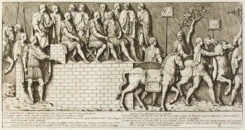 Pietro Santi Bartoli, Plate 6: Emperor Trajan sitting on a camp stool discussing with Lucio Prefetto 