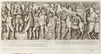 Pietro Santi Bartoli, Plate 103: Emperor Trajan standing addressing two Roman legions while some soldiers carry Decebalus&#39;treasures 