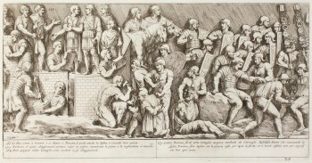 Pietro Santi Bartoli, Plate 29: Dacian soldiers being received by Trajan, Roman soldiers are consolidating walls, doctors are giving assistance 
